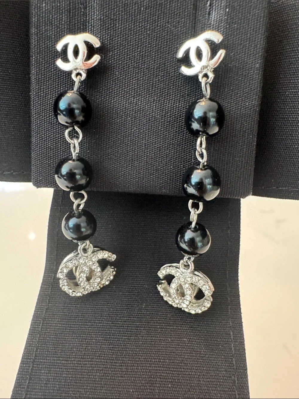 Chanel Black Bead Drop Earrings with Crystal CC Charm